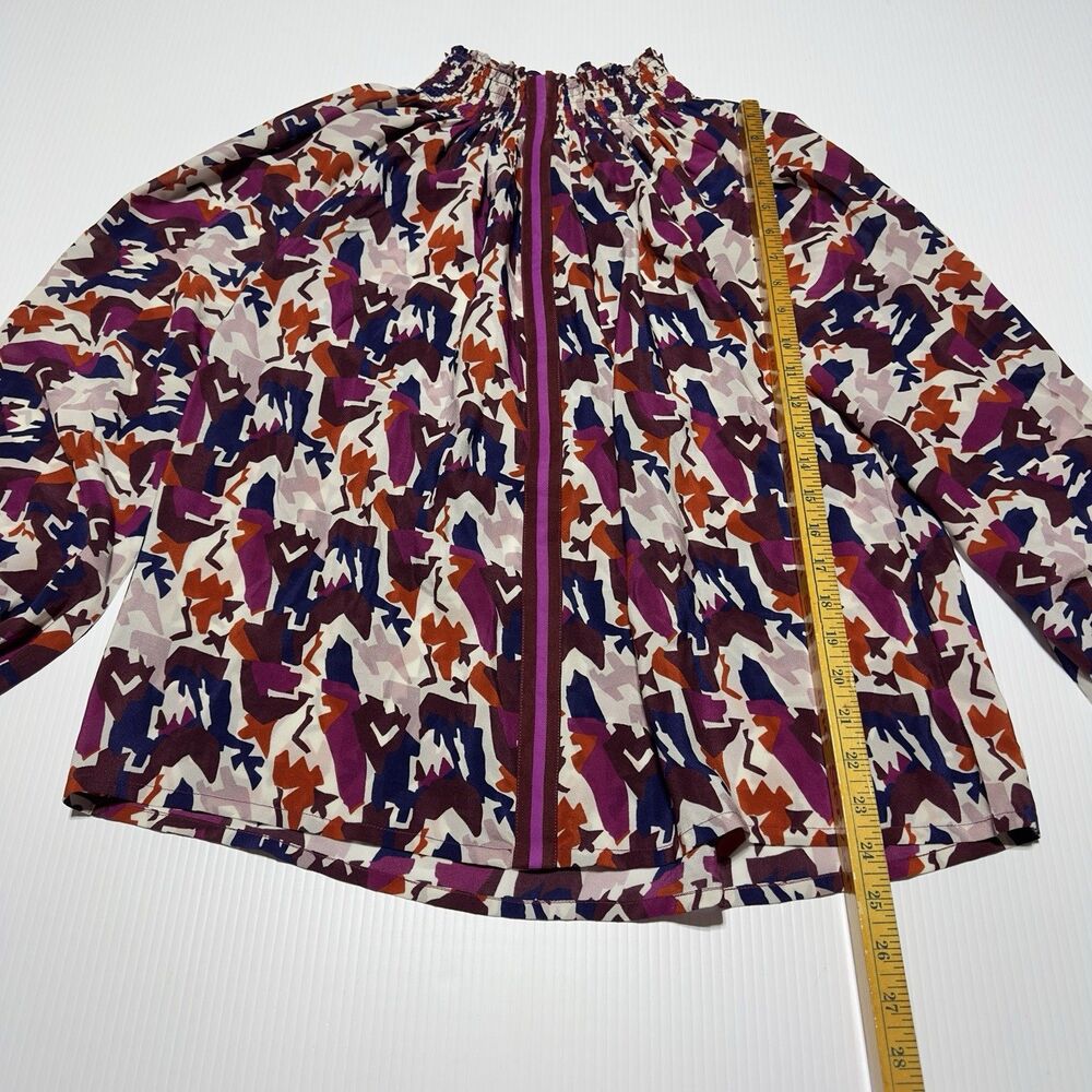 Rungolee Silk Blouse Size S Abstract Print Smocked Neck & Cuff Long Sleeve Top - Picture 9 of 10